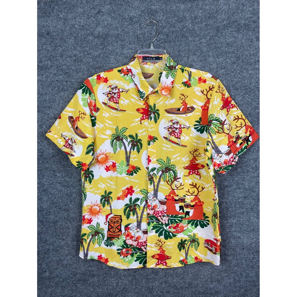 SSLR Christmas Hawaiian Shirt Mens Small Yellow Excellent Surfing Santa Reindeer